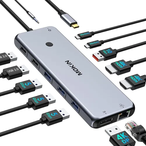 Miniatura 12 de Estación de acoplamiento USB C 3 HDMI, estación de acoplamiento 12 en 1, pantalla triple, base para monitor doble, concentrador USB-C 3 HDMI