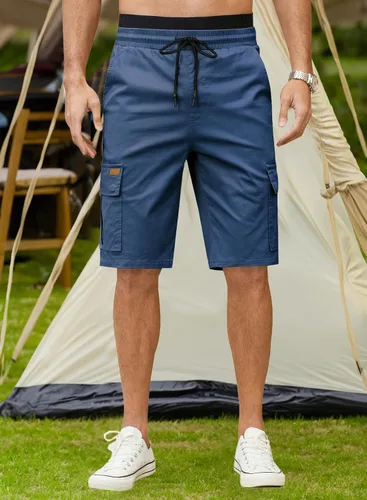 Miniatura 3 de JMIERR Pantalones cortos de sarga para hombre con cordón de algodón clásico elástico con 6 bolsillos