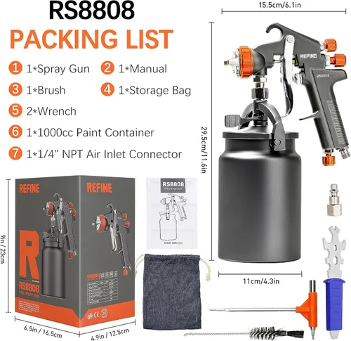 Miniatura 8 de REFINE Pistola pulverizadora, pistola de pulverización de aire con sifón, boquilla de 0.071 in, taza de aluminio de 1000 cc, proceso especial, fácil