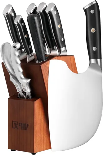 Juego de 9 piezas de cuchillos con bloque, juego de cuchillos de acero al carbono forjados a mano con hoja afilada para cocina con soporte, juego de