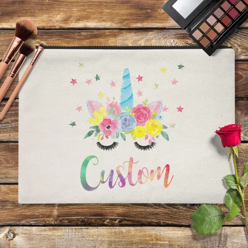Miniatura 2 de Bolsa de maquillaje, bolsa de cosméticos, bolsa de cosméticos, bolsa de maquillaje con nombre personalizado de unicornio en acuarela, bolsa