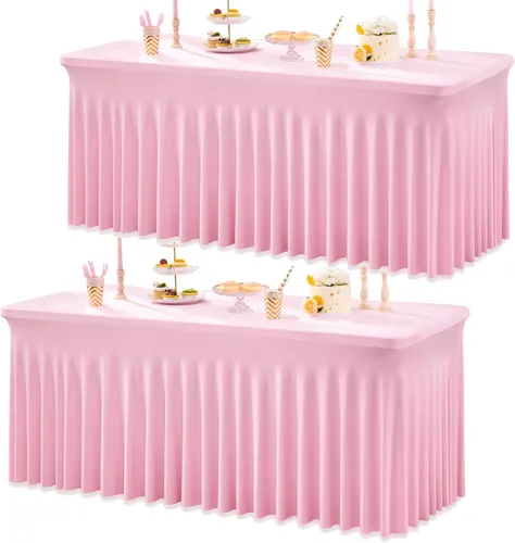 Miniatura 90 de Paquete de 2 manteles de spandex para mesas rectangulares de 8 pies, mantel elástico rosa de 8 pies, manteles ajustados, falda de mesa para fiestas