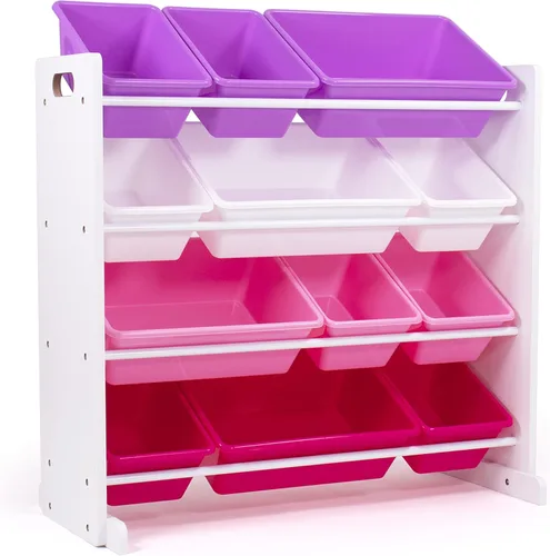 Miniatura 9 de Humble Crew Organizador de almacenamiento de juguetes para niños con 12 cubos de plástico, madera natural/aguamarina, contenedores extraíbles