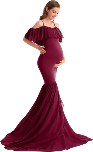 Miniatura 23 de MYRISAM Vestido de maternidad con volantes y hombros descubiertos para mujer, vestido de fiesta de sirena de gasa, vestido ajustado