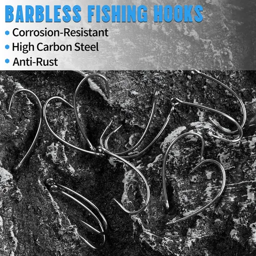Miniatura 6 de Ganchos de pesca sin púas, 50/150 piezas de anzuelos de pesca de carpa, anzuelos para truchas, ganchos circulares, manivela curva, anzuelos