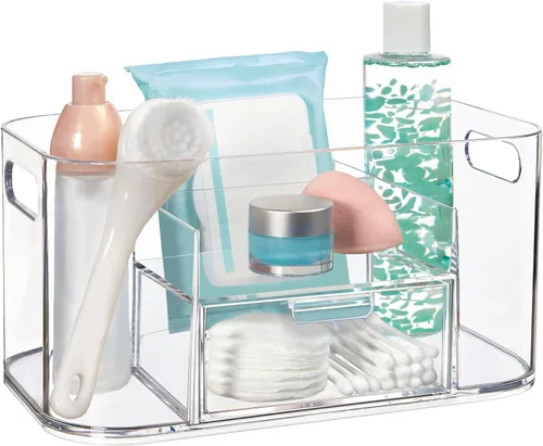 STORi Bliss Organizador de Maquillaje Transparente para Encimera, Organizador de Baño Dividido y Cajón de Almacenamiento, Soporte para Brochas de
