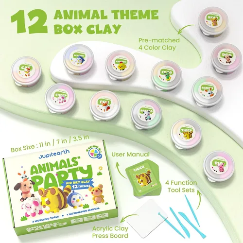 Miniatura 2 de Arcilla seca al aire para niños, arcilla de espuma para fiestas temáticas de 12 animales, kit de arcilla ultraligera para modelar, arte de bricolaje