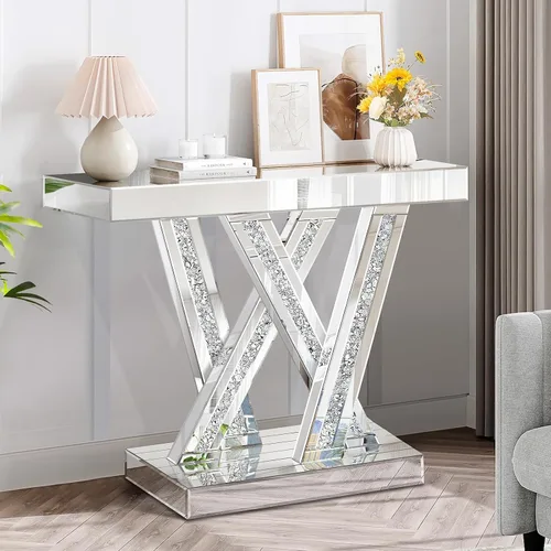 Miniatura 9 de Modernas mesas de consola de entrada con espejo con incrustaciones de diamante triturado dorado, mesa de pasillo plateada de 39.37 pulgadas de largo