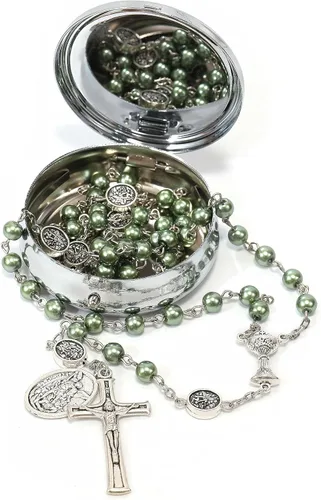 Nazareth Store Collar de rosario de perlas de 0.315 in con medalla de San Miguel y centro de mesa de cáliz Rosarios de la Santa Comunión