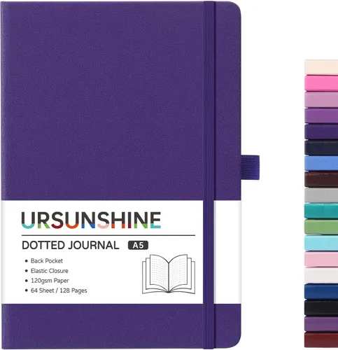 Miniatura 67 de Cuaderno punteado, diario, 5.3 x 8.26 pulgadas, tapa dura, prémium, papel grueso, doble espiral, bandas, cuero negro sintético, lazo para bolígrafo