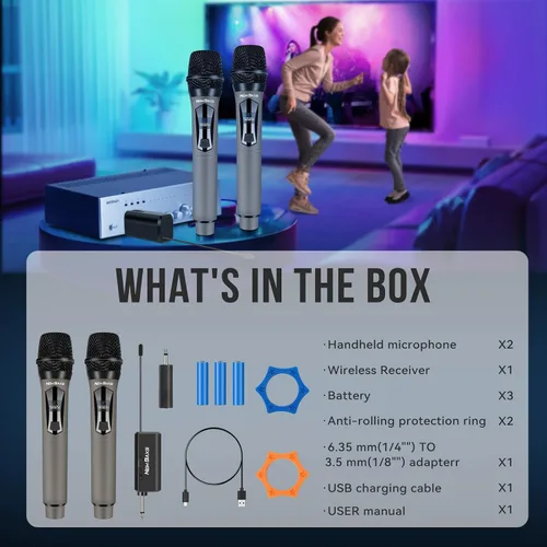 Miniatura 7 de NEW BAXS Micrófonos inalámbricos, sistema de micrófono dual de karaoke, Microfonos Inalambricos con receptor recargable, juego de micrófono dinámico