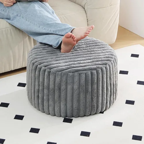 Tiita Puf Otomán Redondo Relleno, Pufs de Piel Sintética a Rayas con Relleno de Trozos de Espuma, Puf Peludo y Esponjoso de 21 x 21 x 12 pulgadas,