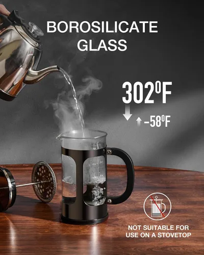 Miniatura 3 de BAYKA cafetera y tetera de prensa francesa de acero inoxidable 304, con sistema de filtración de 4 niveles, vidrio de borosilicato grueso resistente