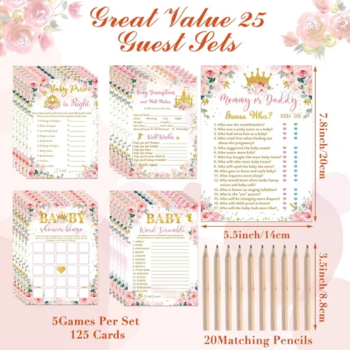 Miniatura 2 de Fumete Juego de 125 juegos de princesa para baby shower, juego de 5 juegos con 20 lápices, incluye bingo de baby shower, palabras Scramble, Adivina
