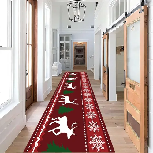 Alfombra de pasillo de Navidad, 1.3 x 7 pies, alfombra de pasillo de renos con copos de nieve, color blanco, alfombra de pasillo estilo bohemio rojo