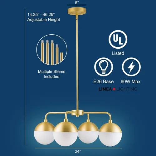 Miniatura 3 de Linea di Liara Novara - Candelabros dorados de 4 luces para comedor, lámpara sobre mesa, globo de vidrio, iluminación colgante de cocina, lámpara