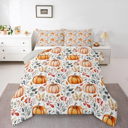 Miniatura 41 de Erosebridal Juego de edredón individual de pavo de Acción de Gracias, juego de ropa de cama de calabaza con hojas de otoño para niños y adultos