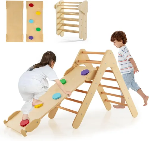 OLAKIDS Pikler - Juego de triángulos 3 en 1, juguetes de escalada para niños pequeños, madera Montessori Baby Jungle Gym con rampa, escalera,