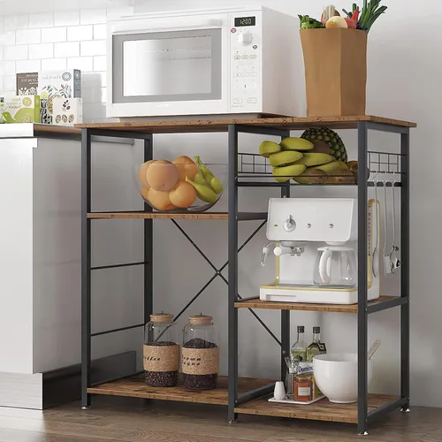 Miniatura 9 de Estante de cocina para horno de microondas de 3 niveles, estante de almacenamiento con ganchos, estación de trabajo multifuncional para cocina, sala