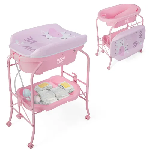 Miniatura 12 de BABY JOY Bañera para bebé con cambiador, estación plegable para cambiar pañales con bandeja de almacenamiento, almohadilla impermeable, organizador