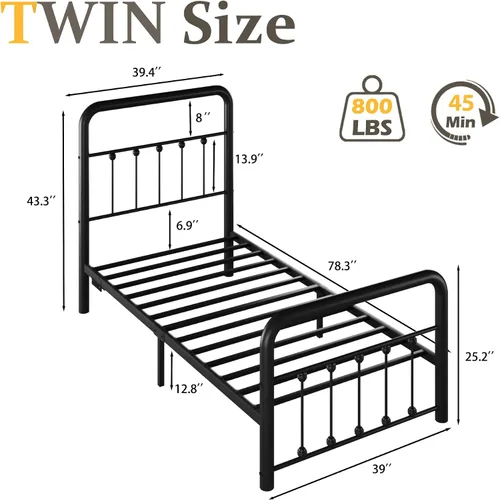 Miniatura 2 de Fluest - Base de cama de 14 pulgadas para cama individual clásica de metal con plataforma, estación de carga y LED, cabecero y pie