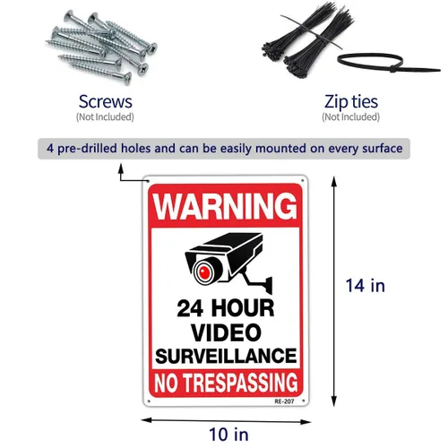 Miniatura 5 de Cámaras de seguridad de advertencia en uso, señal de videovigilancia de 24 horas, 10 x 14 pulgadas, tinta UV de aluminio, impresa, 4-paquete