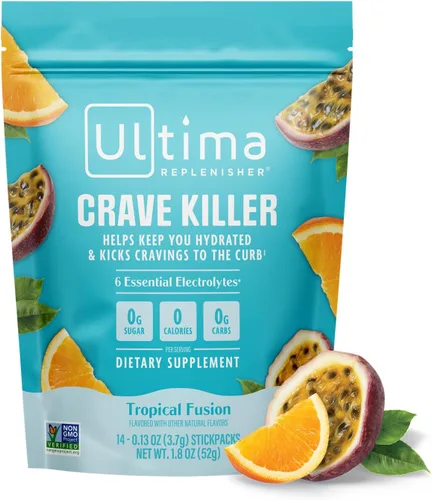 Ultima Replenisher - Suplemento para matar antojos y electrolitos en polvo – Fusión Tropical, 14 sobres – Sobres de hidratación que eliminan los