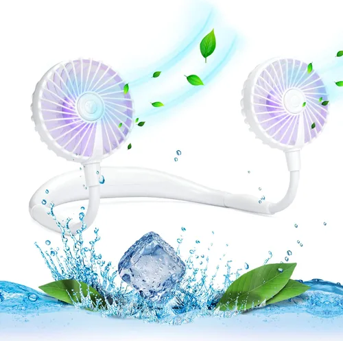 VAGAU Ventilador de cuello de enfriamiento portátil, ventilador de cuello personal USB recargable con luces LED coloridas, rotación de 360° para
