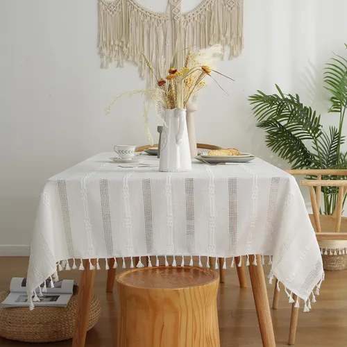 Miniatura 9 de Gernaice Mantel bordado de rayas rústicas y pequeñas con borlas cuadradas de algodón y lino, sin arrugas, lavable, para mesita de noche, café, Blanco