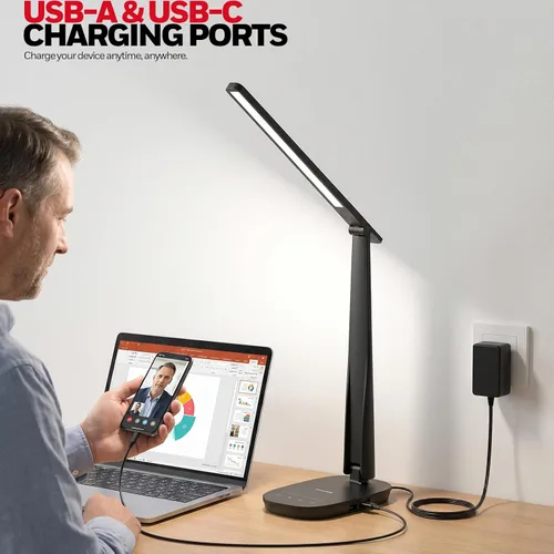 Miniatura 5 de Honeywell Lámpara de escritorio LED para oficina en casa, luz de lectura regulable con 4 modos de color, control táctil, puertos de carga USB-A