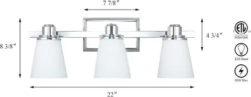 Miniatura 7 de XiNBEi Lighting XB-W220-3-CH - Lámpara de tocador de baño de cristal ópalo sobre el espejo, 3 lámparas de baño cromadas con vidrio blanco