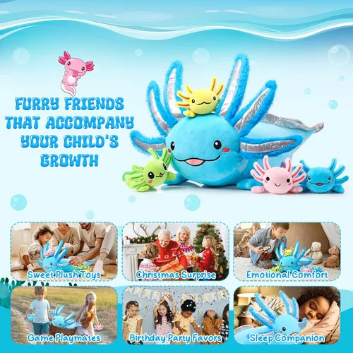 Miniatura 5 de Aoriher Juego de 5 piezas de peluche de ajolote de 24 pulgadas con 4 lindos bebés de peluche en el vientre, suave peluche para niños que duermen Azul