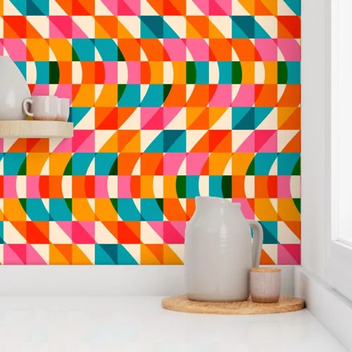 Miniatura 8 de Muestras de papel tapiz removibles – Retro Cuadros Ondas Rosa Verde Azul Rojo Naranja Rayas Papel pintado personalizado pre-pegado por Spoonflower