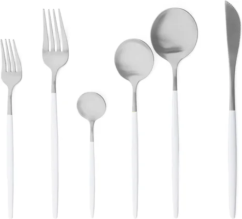 Cubiertos de plata blanca pulida mate, diseño ligero, 36 piezas de acero inoxidable, juego de cubiertos de servicio para 6, incluyendo tenedores,
