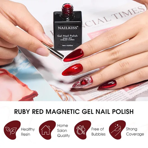 Miniatura 6 de Esmalte de uñas de gel magnético Cat Eye (rojo + verde tesoro), 0.34 onzas líquidas (paquete de 1)