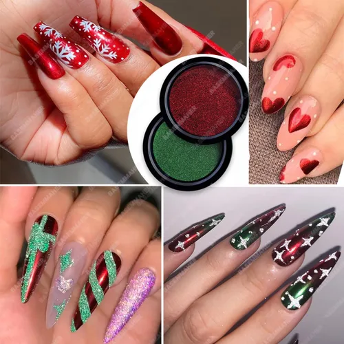 Miniatura 5 de Polvo de uñas cromado, rojo, verde, efecto espejo metálico para uñas, diseño artístico, pigmento holográfico, purpurina para decoración de manicura