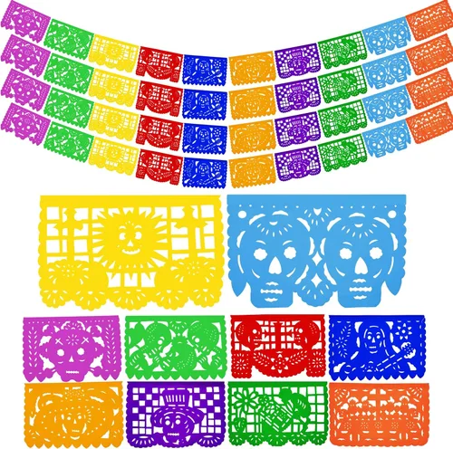 Dia de los Muertos Papel Picado (PAPEL) – Decoración de fiesta del Día de Muertos (paquete de 4, 10 banderas por bandera) – Papel Picado Mexicano –
