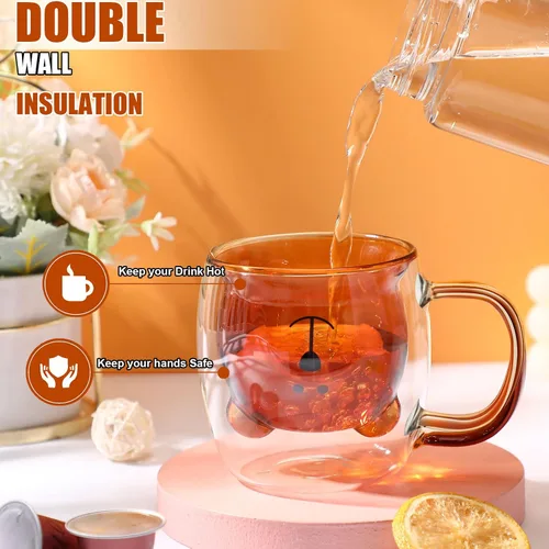 Miniatura 3 de Patelai Linda Taza de Oso de Té de Pared Doble de Vidrio con Asa Aislada Taza de Café Espresso de Navidad Taza de Cerveza Taza Linda de Cumpleaños