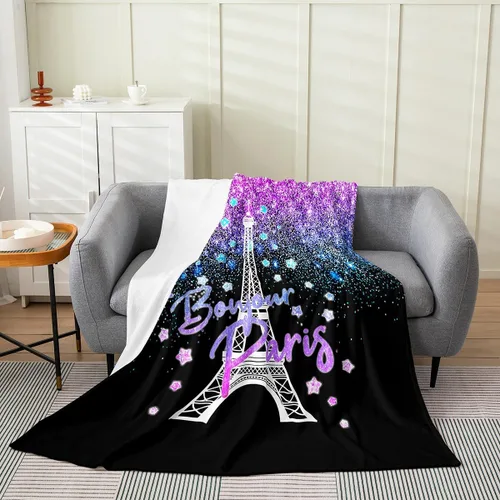 Miniatura 9 de Feelyou Manta de felpa de la Torre Eiffel con purpurina, color azul, morado, pastel, para todas las estaciones, manta de cama para niños, manta