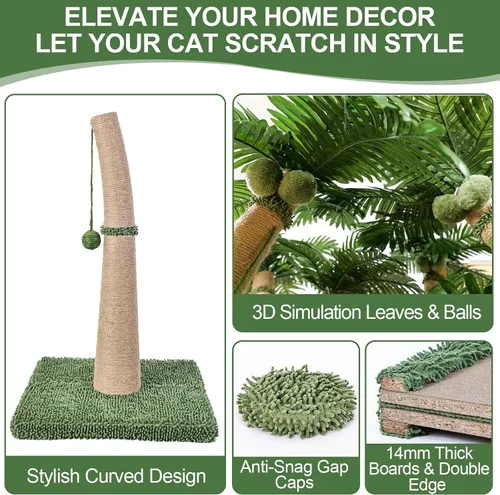 Miniatura 4 de Poste rascador para gatos de 40 pulgadas de alto, diseño curvado con 3 bolas interactivas, cuerda de sisal natural para gatos de interior, adultos