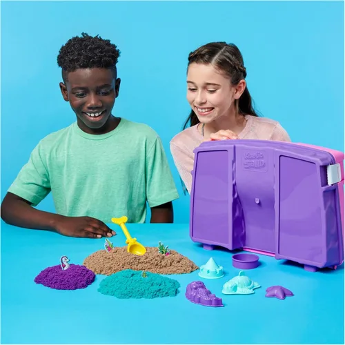 Miniatura 8 de Kinetic Sand, Juego de palacio de sirena con caja de arena plegable de 0,93 kg de arena de juego (morado neón, verde azulado brillante y playa)