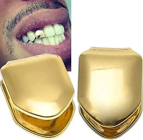 Miniatura 2 de Onwon 2 piezas chapadas en oro de 14 quilates Grillz Hip Hop Top Tooth Single Grill Cap para dientes boca, Goma