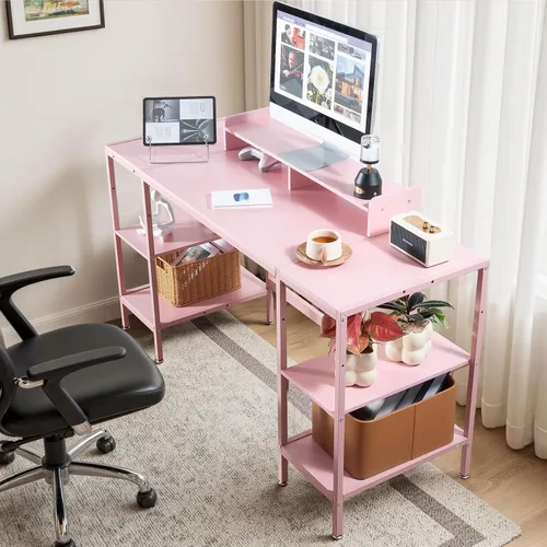Miniatura 2 de MINOSYS Escritorio para computadora de 55 pulgadas con estante de almacenamiento - Rosa, ideal para dormitorios, espacios pequeños y oficinas