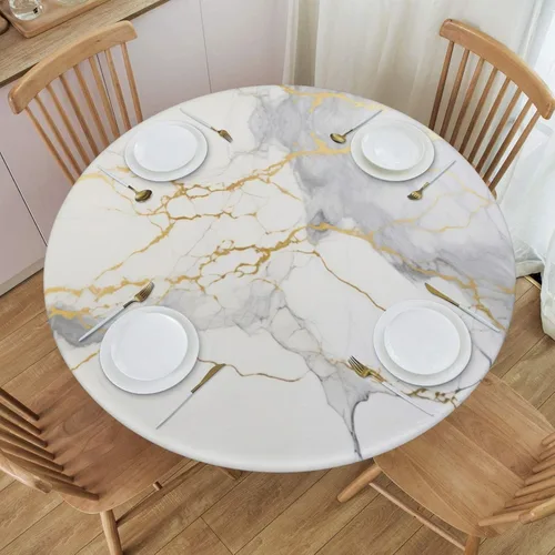 Fiokroo Mantel de mármol dorado y gris con borde elástico, mantel redondo, lavable, reutilizable, para cocina, comedor, fiesta, picnic, pequeño
