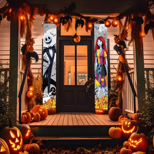 Miniatura 2 de Tivee Cartel de Jack Sally Banners para porche, decoración de Halloween, pesadilla de Navidad, decoración de Halloween, póster de terror al aire
