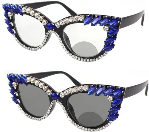 helena Gafas de lectura bifocales con marco de diamantes de imitación fotocromáticos de transición al aire libre para mujeres con estilo ojo de gato