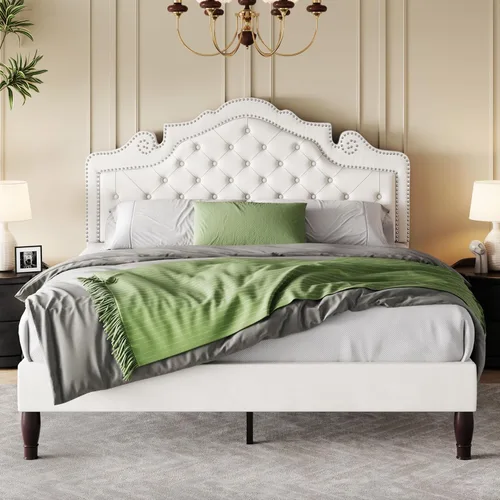 Miniatura 10 de SHA CERLIN Marco de cama tamaño completo con cabecera ajustable/Tapizado de terciopelo/Capitoné con botones de diamante y tachuelas de metal/No