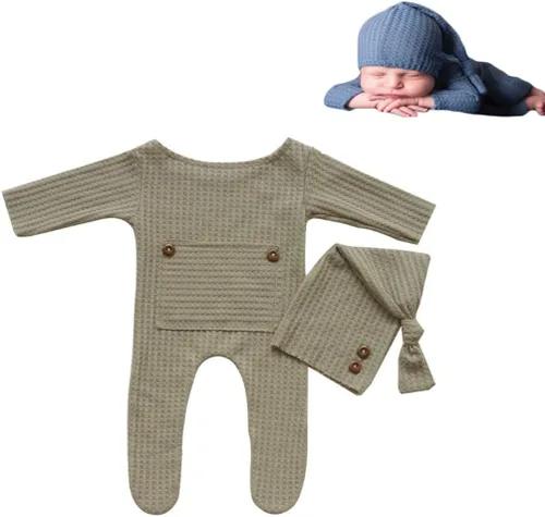 Moda recién nacido niños niñas bebé sesión de fotos accesorios trajes ganchillo ropa sombrero de cola larga pantalones accesorios de fotografía Caqui