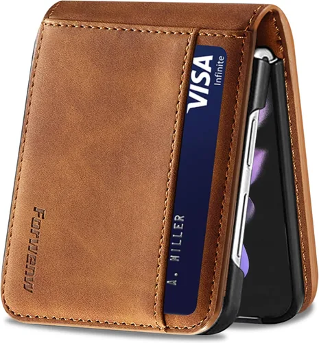 Miniatura 55 de Funda de piel con tapa para Samsung Galaxy Z Flip 3, con protección de bisagra, delgada y magnética tipo cartera [1 tarjetero], funda protectora a