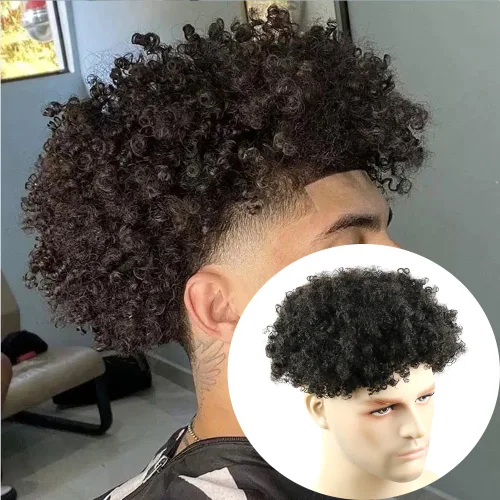Miniatura 18 de SIMBEAUTY Cabello humano Remy indio 360 ondulado, 0.394 pulgadas, base de piel de tupé rizado, 10 x 8 pulgadas, para hombres negros con sistema